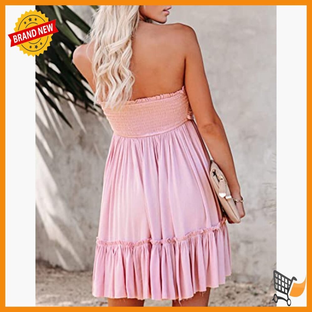 Cotton Rayon Tie Front Mini Dress Strapless Boho Beach Casual Summer - Picture 2 of 7